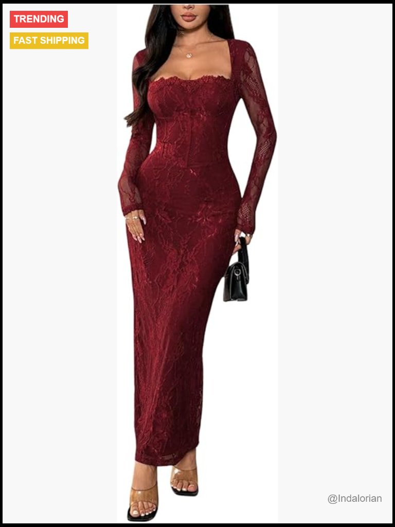 Women's Lace Bodycon Maxi Dress Square Neck Long Sleeve Slit Back Cocktail Dress